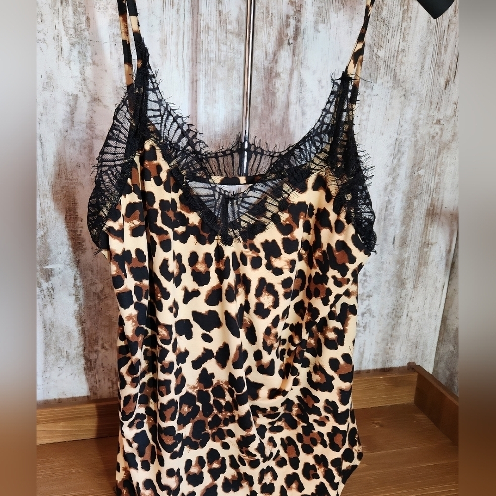 Leopard Print Lace Trim Cami Top